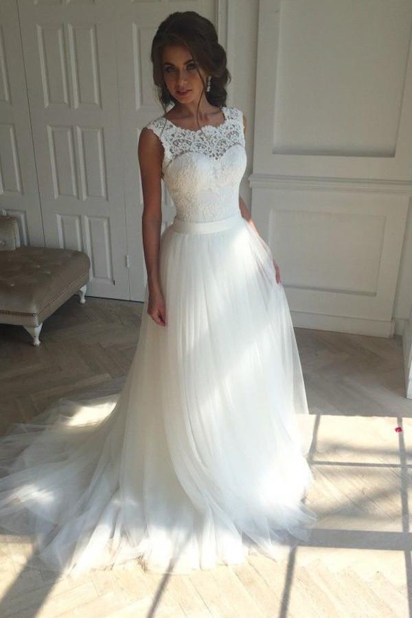 White Lace Sleeveless Wedding Dresses ...